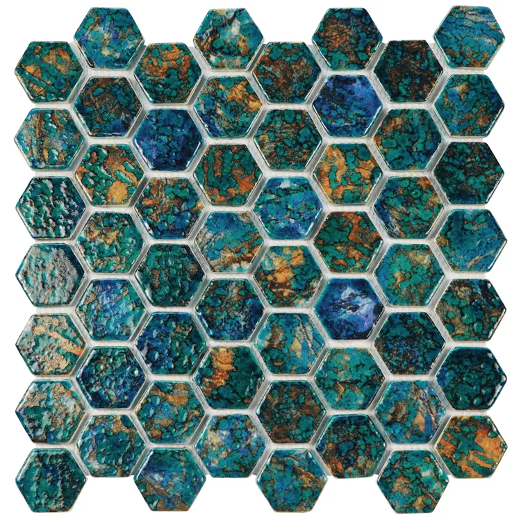 Azulejo brillante mosaico de vidrio esmaltado hexagonal verde moderno