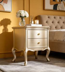 Table de chevet de luxe en bois massif couleur or champagne, avec 2 tiroirs incurvés, boutons en laiton ronds et pieds cabriolés, pour chambre à coucher - Product Image 2