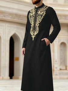 CCY 2026 Qamis <span class=keywords><strong>noir</strong></span> pour hommes arabes saoudiens, à manches longues et col montant, style Kaftan, Jubba islamique, Thobe musulman, Abaya brodée - Product Image 2