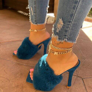 Mules d'été pour femmes en fourrure moelleuse, à bout carré ouvert, à bride unique, à talon fin, confortables, pour grandes tailles, printemps et extérieur - Product Image 3