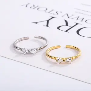 2023 Minimalist open Index finger ring women design Tail ring little finger bowknot zircon sterling silver 925 jewelry ring