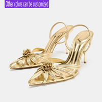 ZA 2026 Nouvelles mules à talons pointus pour femmes, motif fleur dorée, sandales sexy à enfiler pour le printemps