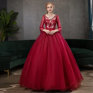 奢华酒红色长喇叭袖v领漂亮3D花贴花婚礼晚礼服