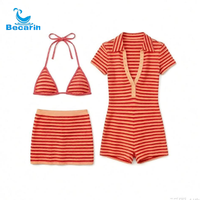 Ensemble de maillots de bain trois pièces côtelé à rayures pour femme : bikini dos nu, jupe moulante et combinaison à manches courtes à revers