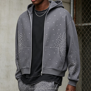 Sudadera con capucha personalizada para <span class=keywords><strong>hombre</strong></span> con cremallera y pedrería, de algodón French Terry de alta calidad, estilo oversize holgado, unisex, para jogging y ropa deportiva. - Product Image 2
