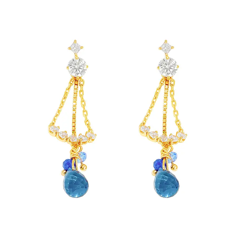 925 Sterling Silver 14K Gold Plated Gemstone Light Coloured Three Piece Set Blue Zircon Lapis Lazuli Earrings