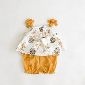 2023 תוספות קיץ חליפת עבור תינוק ילדה תינוק ללא שרוולים bowknot קלע למעלה + לוטוס עלה swing מכנסיים תינוקת 2-סט חתיכה