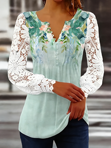 Blusa de Mujer para Primavera, Verano y Otoño, Talla Grande, con Encaje, Mangas Largas, Cuello en V con Muescas, Botones al Frente, Plisada, Estilo Túnica, Informal para Uso Diario - Product Image 4