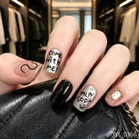 24 faux ongles à presser, design demi-couverture, rose et noir, motif 'COME ME', style perle, brillants, réutilisables, en PMMA, pour DIY, tendance