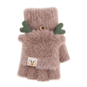 Women's Winter Plush Flip-Top Fingerless <b>Gloves</b> With Deer Antlers <b>Warm</b> Thick Cartoon Design For Cycling And Daily Use - Product Image 5