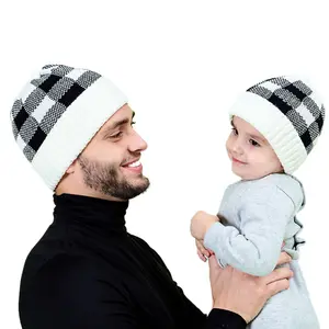 2 adet annem ve ben şapkalar baba ve bebek şapka noel ekose şemsiye örme kış sıcak şapka anne kızı baba oğul aile bak