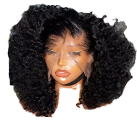 Peluca Bob Corta Rizada Kinky con Cabello de Bebé, Densidad 250%, Remy Brasileño, Encaje Frontal, Negro Natural, Sin Pegamento, Encaje HD Transparente