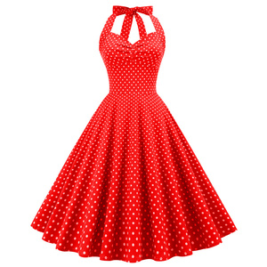 2025 Venta caliente Vintage Polka Dots Dress Halter Backless Tie-Up Cintura Palace Style Flared Maxi Dress para mujeres - Product Image 2