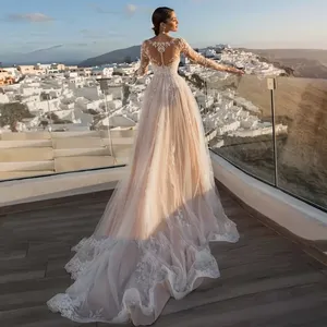 Su misura staccabile 2 <span class=keywords><strong>in</strong></span> 1 abiti da sposa ricami <span class=keywords><strong>in</strong></span> pizzo con strascico O collo pieno manica Vestido di Novia abiti da sposa - Product Image 2