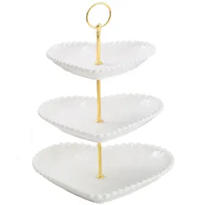 heart shape 3 tiers wholesale ceramic fruit cake dessert snack stand storage wedding deco tray with ceramic plate