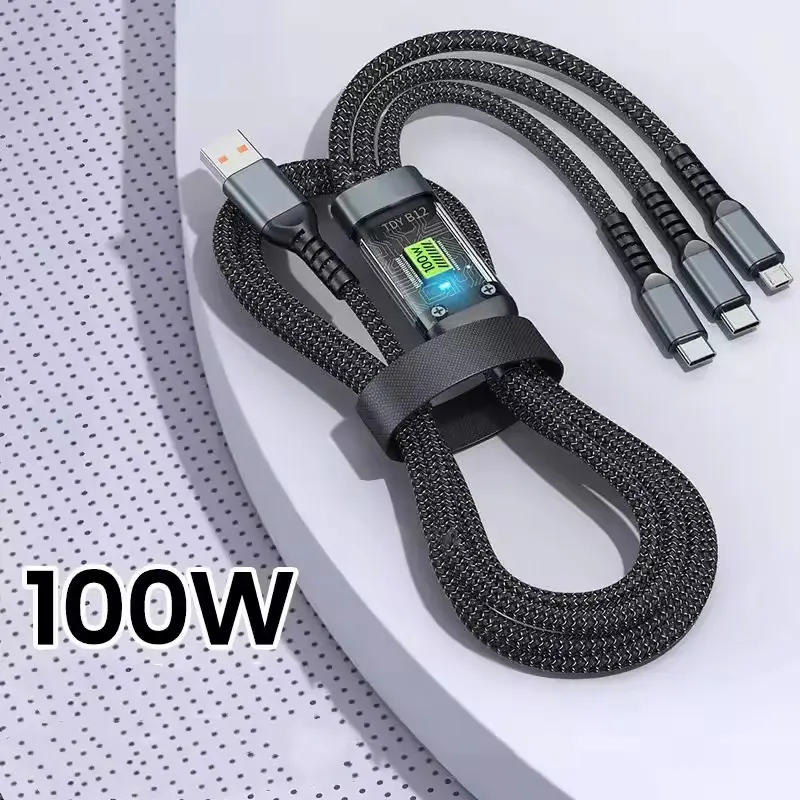 3 in 1 USB Type C Cable 100W Micro USB for Macbook Samsung with Braid Shielding Multifunction Use
