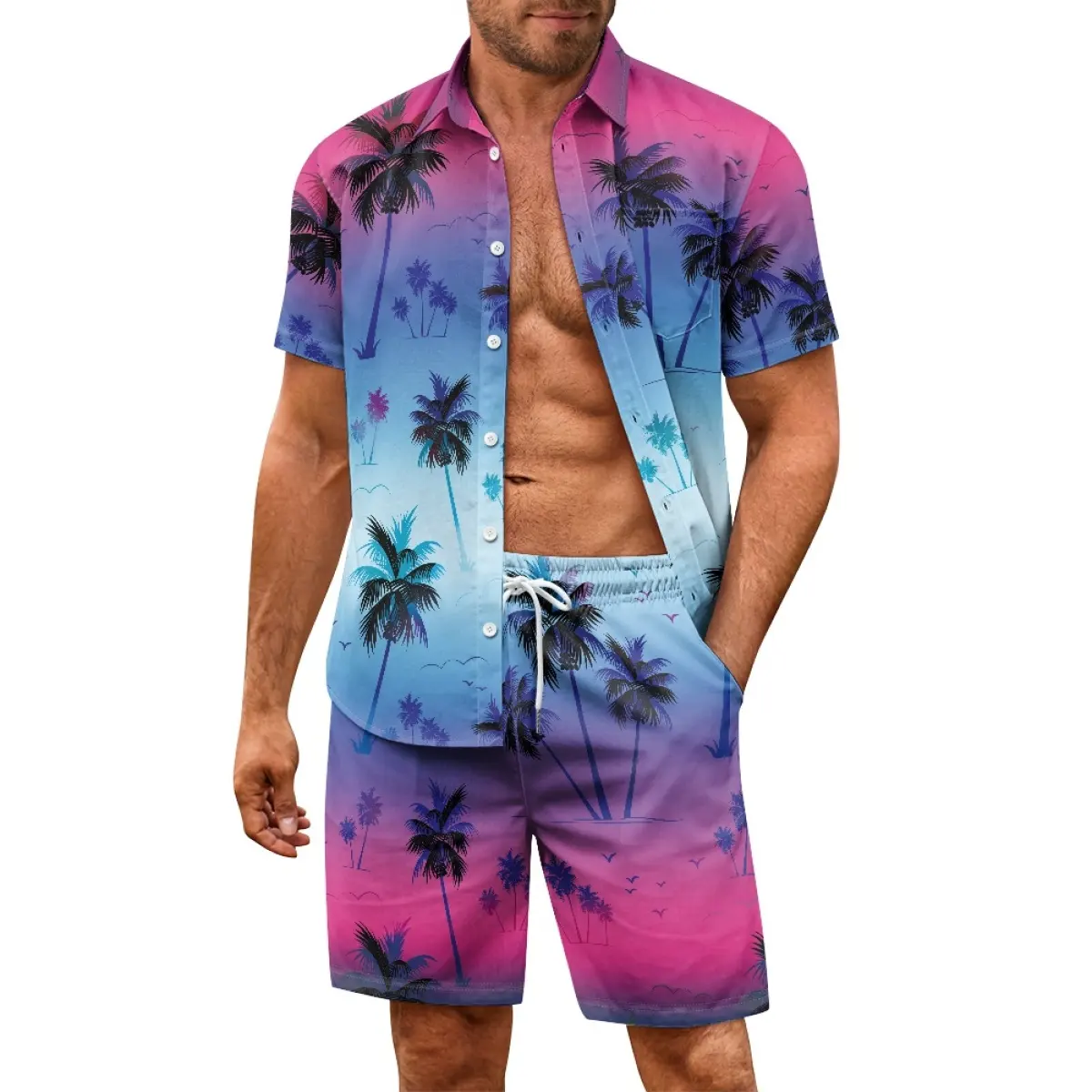 Setelan baju pantai kasual pria, set kemeja Hawaii pria kasual harga grosir, setelan pantai lengan pendek modis bermotif sesuai permintaan