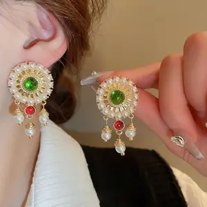 Silver Pin Crystal Pearl round Earrings Retro Colorful Gemstone Bridal Jewelry Hollow Gold Dangle Earrings for Women