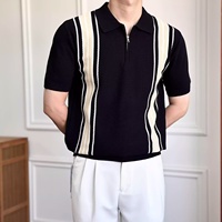 T-shirt à manches courtes pour homme, coupe ajustée, respirant, sans repassage, anti-humidité, tricoté, col à revers, demi-zip, style Old Money, en soie glacée