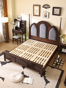 复古风格实木大床卧室主卧家居家具木床 - Product Image 2