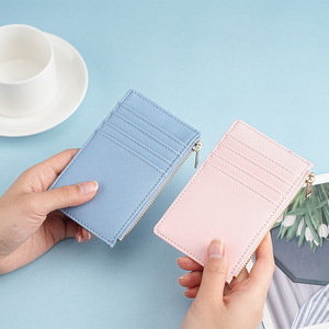 Portefeuille fin en cuir de luxe pour femmes, couleur unie, avec porte-cartes RFID, poche zippée, étui à cartes - Product Image 2