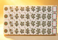 Juego de Mahjong Americano con Fichas de Cristal Ámbar Brillante, Textura de Cristal Triturado, Borde Degradado Rosa Naranja, Diseño Floral