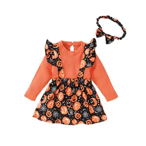 Vendita calda mimixiong a maglia per bambine di Halloween modello di zucca abiti a manica lunga vestiti vestiti per bambini abbigliamento per capelli set di anelli