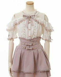 Lolita Style japonais courte longueur été 2 pièces ensemble genou couleur bloc nœud dentelle Lotus manches <span class=keywords><strong>Volume</strong></span> épaule Style jupe - Product Image 5