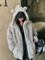 Manteau d'hiver élégant pour femmes, luxueux, à capuche, en fausse fourrure, 100% polyester, épais et chaud, avec boutons recouverts