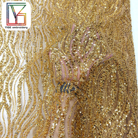 Tissu en dentelle africaine de luxe, broderie en tulle avec des paillettes dorées, tissu en dentelle à paillettes pour robes de mariée de luxe, robe de bal