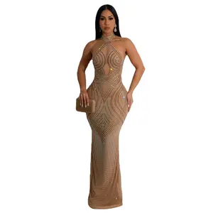 Mesh maxi halter seksi güzel kız elbiseler bayanlar elmas ile zarif see through