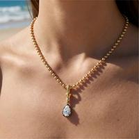 Custom Jewelry Stainless Steel Teardrop Zirconia Pendant Necklace Gold Bead Chain Waterproof Hypoallergenic Tarnish Resistant