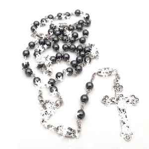 Collier chapelet en pierres précieuses noires 6mm rondes, pendentif croix non magnétique, chaîne de pull unisexe en alliage argenté tibétain, cadeau bijoux - Product Image 2
