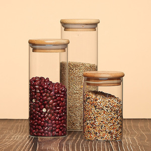 Contenitori per Cucina in <span class=keywords><strong>Vetro</strong></span> Borosilicato con Coperchio in Bambù, <span class=keywords><strong>Barattoli</strong></span> Ermetici per Spezie, Vendita all'Ingrosso - Product Image 1