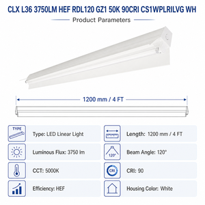ไฟ LED แบบเส้น <span class=keywords><strong>CLX</strong></span> L36 ขนาด 4 ฟุต 3750 ลูเมนส์ ประสิทธิภาพสูง 5000K 90CRI 120 °   โคมไฟส่องสว่างเชิงพาณิชย์สีขาวแบบปรับมุมลำแสงได้ - Product Image 2