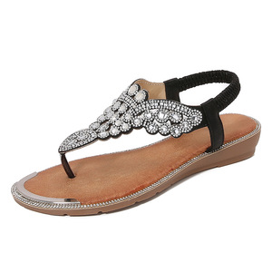 Sandales plates élégantes noires à strass, bout ouvert, pour femme, respirantes, avec bride de cheville, à enfiler, semelle extérieure en caoutchouc - Product Image 1