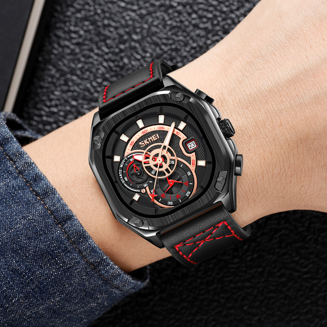 Men's square chronograph watch Luxury leather wristwatch 30M waterproof quartz watch Strong mechanical industrial style