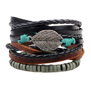Handmade Multi Strand <b>Beaded</b> Bracelet <b>Set</b> Alloy Leaf Design Tibetan Silver Jewelry Gift Three Piece <b>Set</b> - Product Image 1