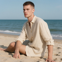 Chemise décontractée d'été en lin/coton pour homme Shinesia, col montant, manches longues, en sergé, à points ouverts, poids moyen, respirante, vente en gros