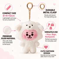 Porte-clés en peluche Zaves Premium, adorable chien blanc moelleux, écologique et durable pour sacs à dos scolaires et clés de voiture