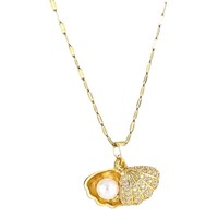 Collar con Colgante de Concha, Cadena con Eslabones de Pétalos de Concha y Circonitas Cúbicas, Joyería Fina para Mujer, Regalo de Moda