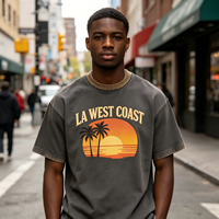 T-shirt surdimensionné personnalisé en coton épais, style vintage délavé, motif coucher de soleil de la côte ouest de Los Angeles, impression DTG, streetwear, vente en gros, OEM, ODM