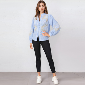 Nuova Camicetta Casual Personalizzata ODM con Stampa Floreale e Righe, Maniche Lunghe con Volant in <span class=keywords><strong>Pizzo</strong></span>, Abbigliamento Femminile - Product Image 1