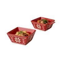 Bol carré en céramique rouge festif avec motif flocon de neige en relief et poignées, résistant au four, idéal pour les collations à la maison, en cuisine ou au restaurant