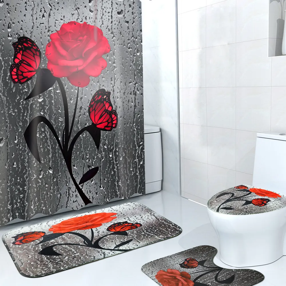 Fashion Polyester 3d Printed Waterproof Fabric Christmas Bathroom Set Mildew Proof Shower Curtain Sets 4 Pieces for Bathroom