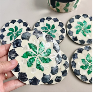 Set of 6 Green Mother Pearl Inlay Round Coasters with Holder Bohemian Style Eco-Friendly <b>Table</b> <b>Protection</b> Mats & Pads Vietnam - Product Image 5