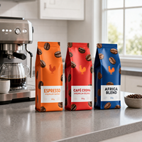 Sacs à café recyclables en aluminium avec valve et fermeture éclair, imprimés sur mesure par offset, 250g, 500g, 1kg, 12oz, à fond plat, thermoscellables
