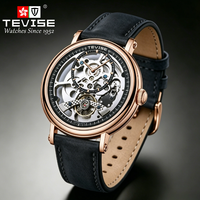 Montre mécanique automatique squelette vintage TEVISE 9829C, bracelet en cuir, étanche, montre de luxe