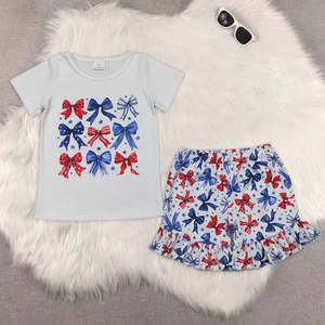 YY 5.26 Casual da ragazza 4 ° vestito July blu e rosso fiocchi con tunica stampa fuochi d'artificio con <span class=keywords><strong>pantaloncini</strong></span> con volant - Product Image 3