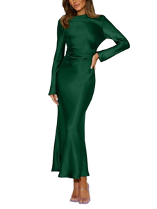 Robe longue élégante en satin vert, col montant, manches longues, pour soirée formelle, été/printemps, respirante, décontractée/de fête pour femme - Product Image 2